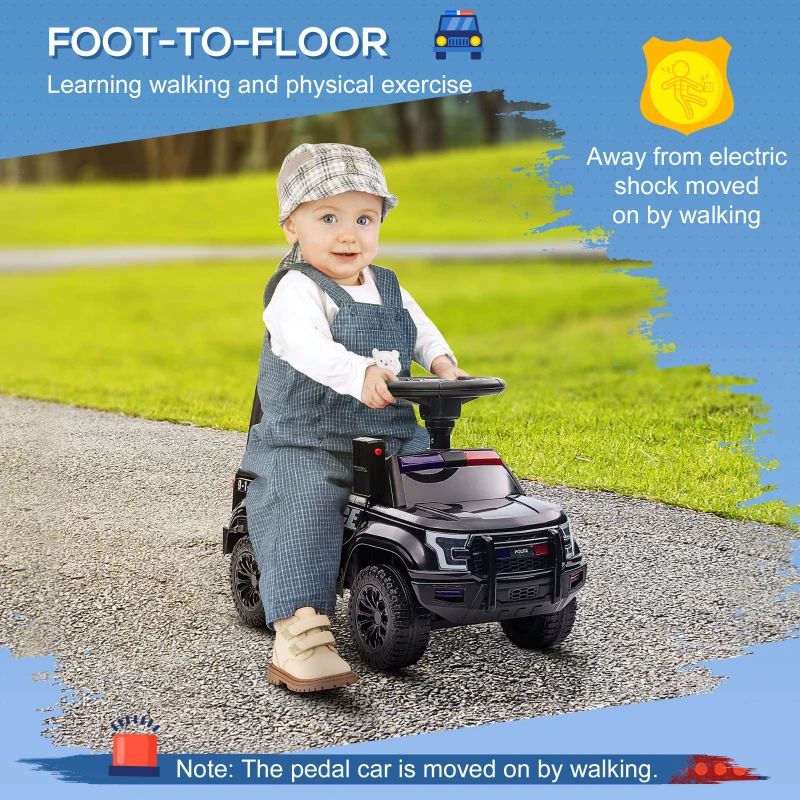 Aosom Kids Push Ride On Car with Working PA System and Horn, Police Truck Style  Foot-to-Floor Sliding Car for Boys and Girls with Under-Seat Storage, for 18 Months to 5 Years Old, Black