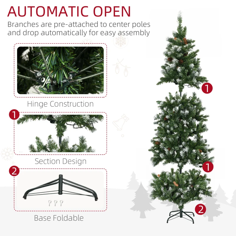 HOMCOM 6' Decorated Christmas Trees, Skinny Prelit Artificial Christmas Tree with Snow-dipped Branches, Auto Open, Pinecones