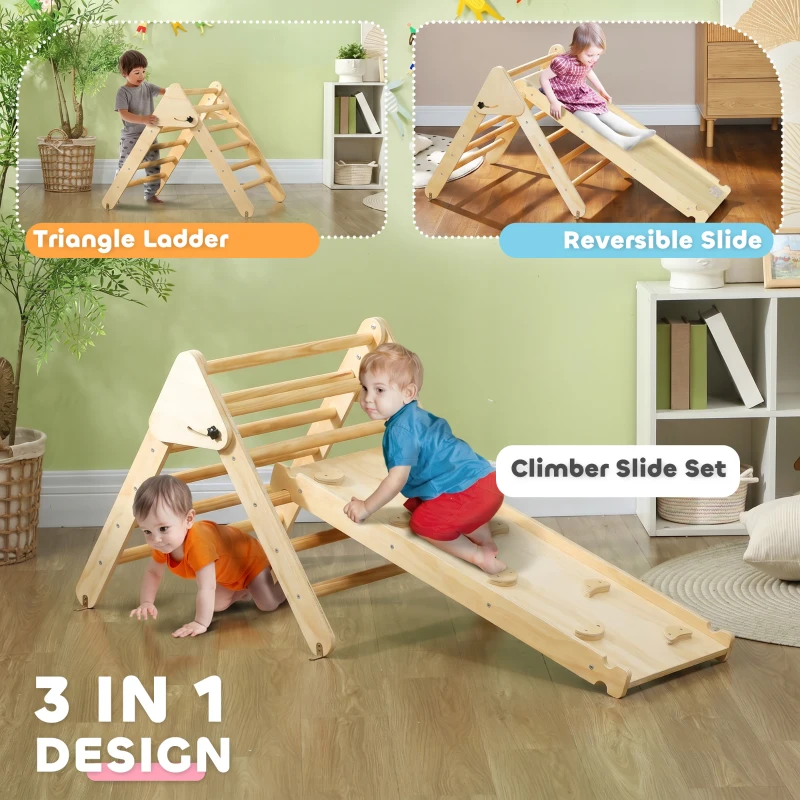 Qaba Pikler Triangle Set, 3 in 1 Climbing Toys with Ramp for Toddlers, Nature Wood