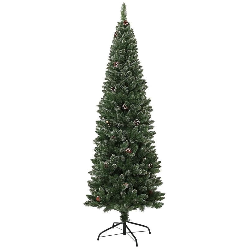 HOMCOM 6ft Artificial Pencil Christmas Tree with 618 Branches, Pinecones, Metal Stand, Realistic Xmas Tree for Home