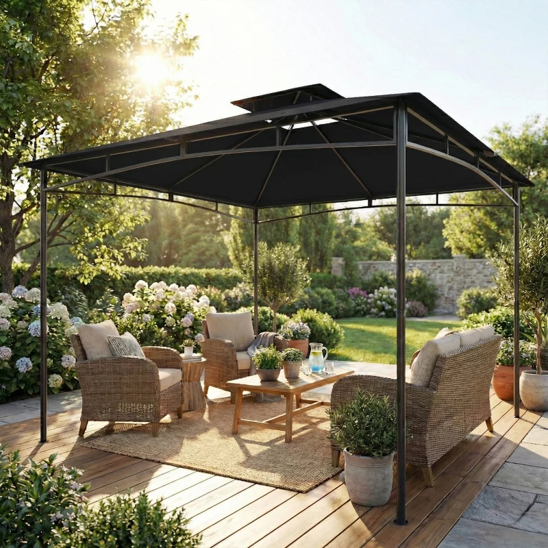 Outsunny 10' x 10' Gazebo, Soft Top Outdoor Gazebo with 2-Tier Roof, Metal Frame, Black