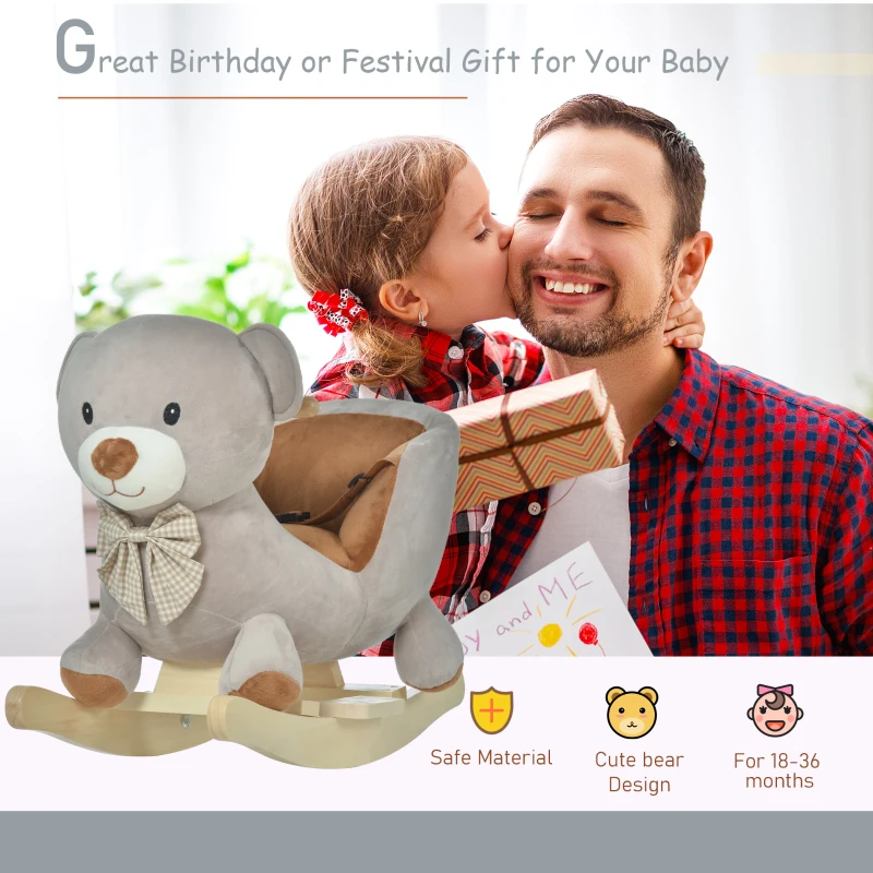 Qaba Bear-Shaped Kids Rocking Horse with Sound for 18-36 Months, Gray
