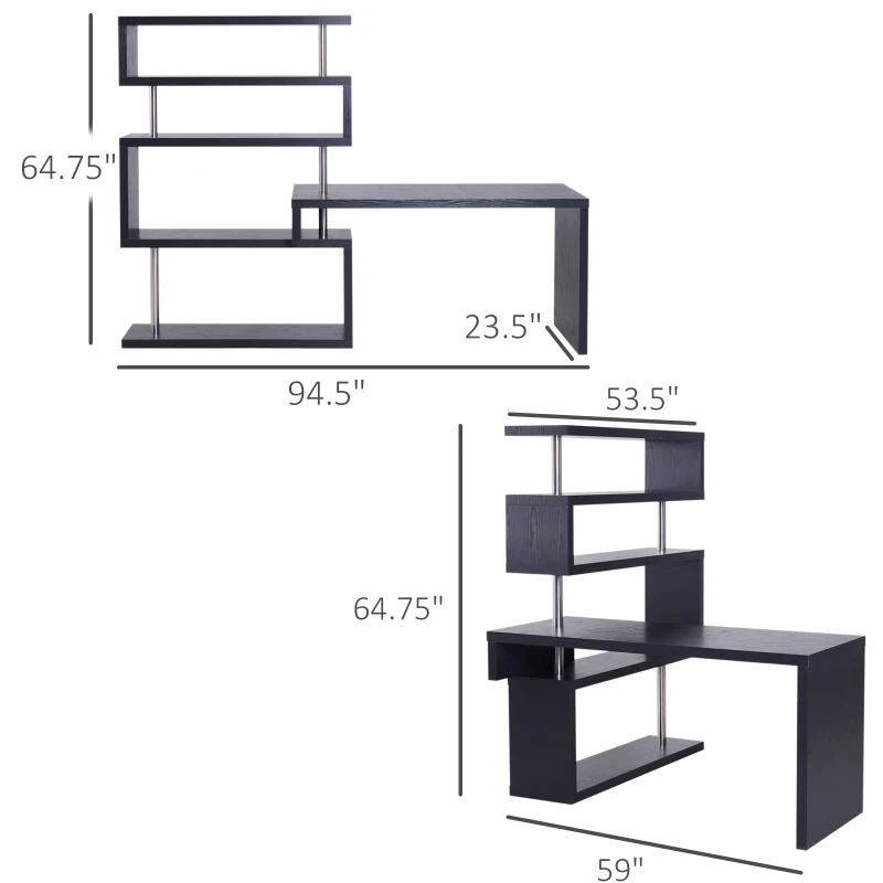 HOMCOM 94" 5 Tier L-Shaped Computer Desk Rotating Writing Table Corner Desk with Display Shelves and Stainless Steel Frame, Black