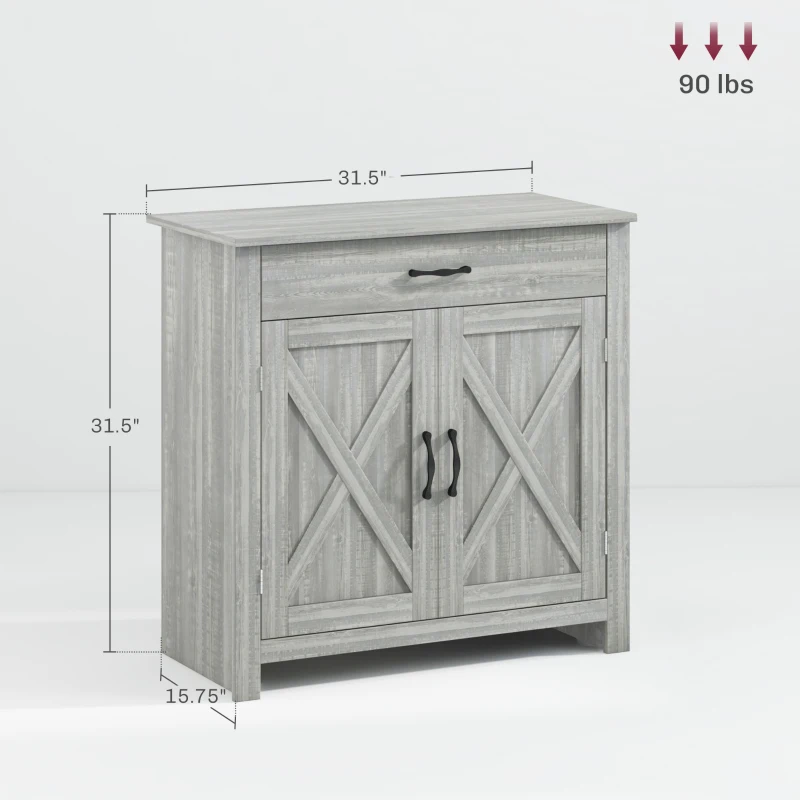 HOMCOM Farmhouse Sideboard Cabinet with Barn Doors Kitchen Buffet Cabinet with Drawer and Adjustable Shelf Stone Gray