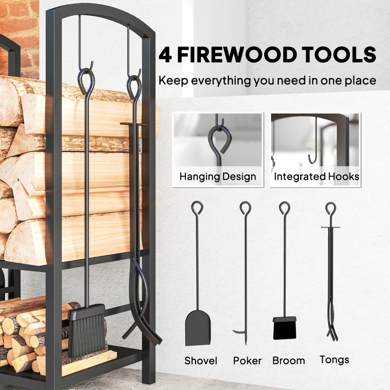 Outsunny 2-Tier Firewood Log Rack with 4 Tools, Fireplace Wood Storage Holder with Shovel, Broom, Poker, Tongs and Hooks, Black