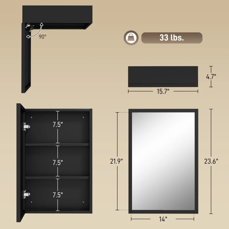 kleankin Wall Mounted Bathroom Medicine Cabinet with Hinged Door Storage Shelves for Living Room and Laundry Room Black