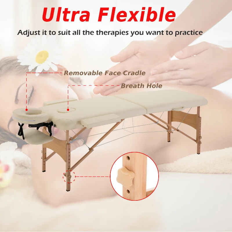 HOMCOM Height Adjustable Professional Salon Spa Facial Couch Bed, Portable Folding Massage Table, Beige