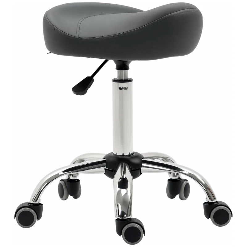 HOMCOM Ergonomic Saddle Stool with Wheels, Adjustable PU Leather Saddle Chair, 360° Swivel, NO Back Pain, Healthy Posture, Salon Chair for Massage Medical Home, Grey