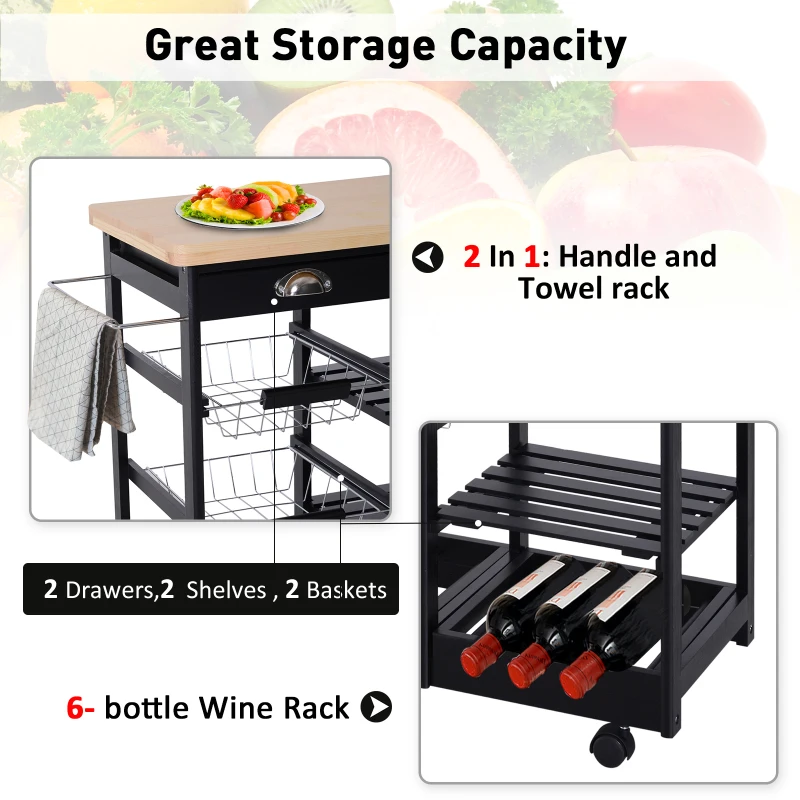 HOMCOM Rolling Kitchen Island Trolley Serving Cart Wheeled Storage Cabinet w/ Basket Shelves and Drawers Black