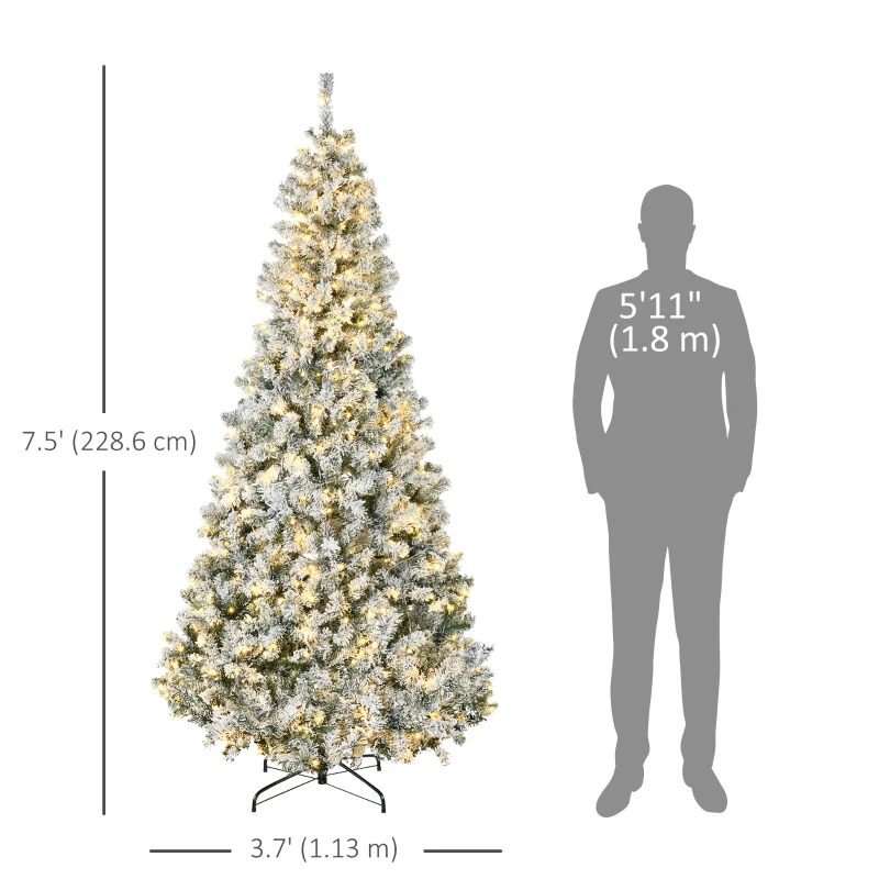 HOMCOM 7.5ft Artificial Prelit Christmas Tree with Warm White LED Light, Snow Flocked Branches, Metal Base, Xmas Tree
