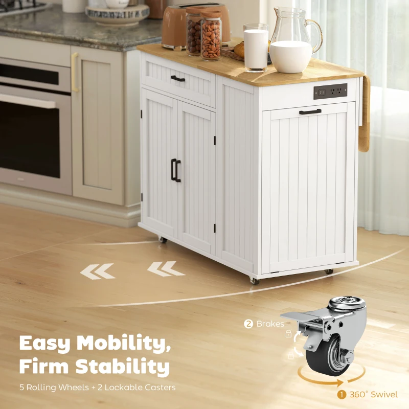 HOMCOM Kitchen Island Cart, Portable Kitchen Island Table with Charging Station, Rubber Wood Drop Leaf, Trash Storage, White