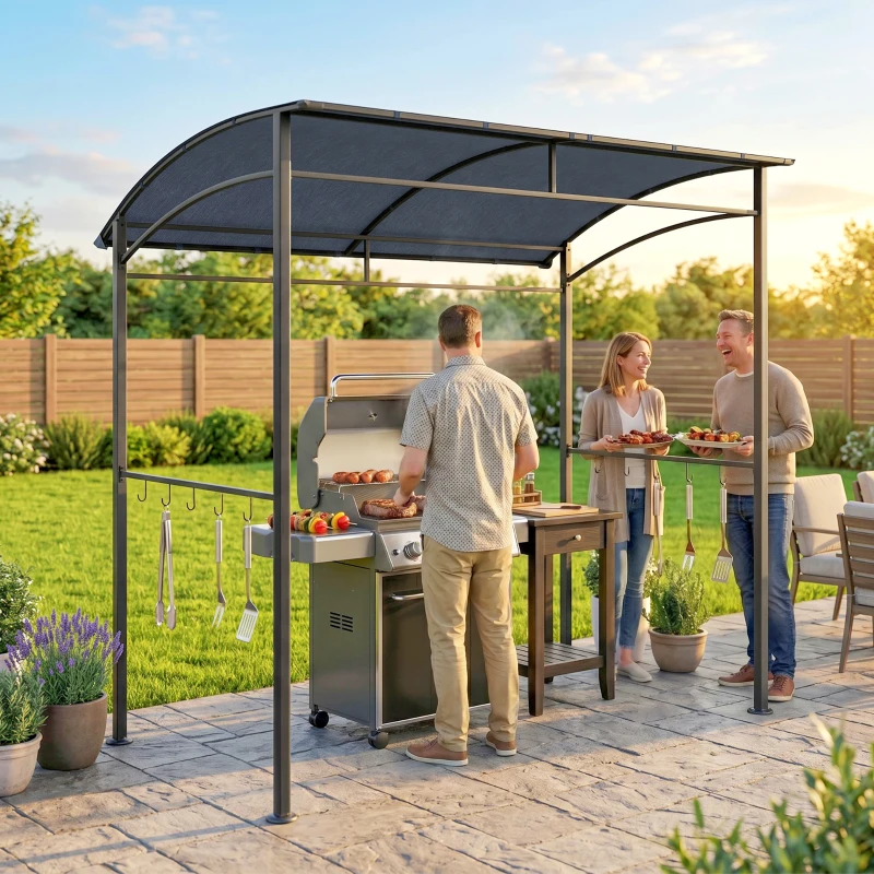 Outsunny 7' x 5' BBQ Grill Gazebo Tent, Garden Grill Canopy with Steel Frame and Hooks, Outdoor Sun Shade, Grey