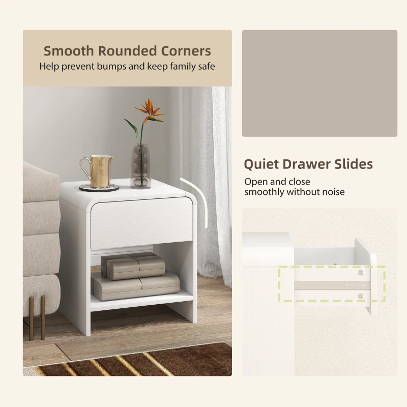 HOMCOM Nightstand Set of 2, Modern Bedside Table with Rounded Corners, Nightstand with Drawer and Open Shelf, Distressed White