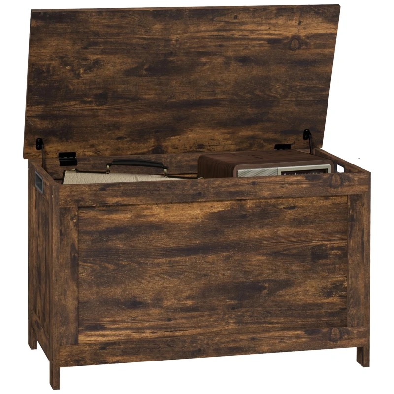 HOMCOM 29.9" Storage Trunk w/ 2 Safety Hinges, Wooden Storage Bench w/ Side Handles, Storage Chest for Playroom, Rustic Brown
