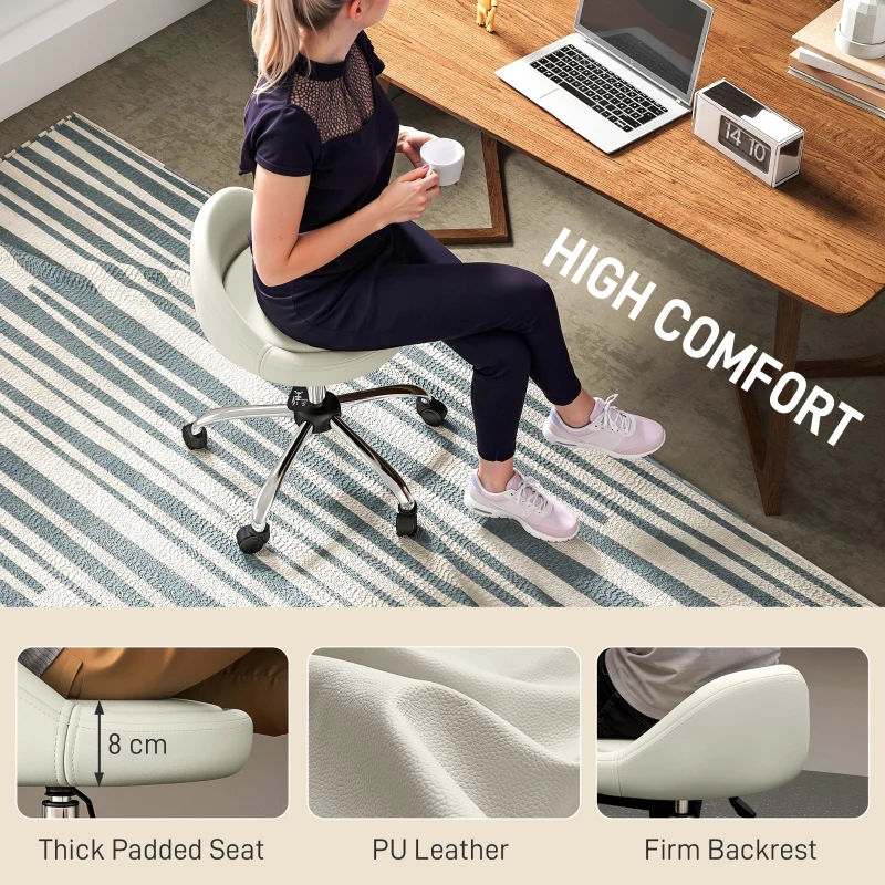 HOMCOM Salon Stool, Adjustable Rolling Stool, White