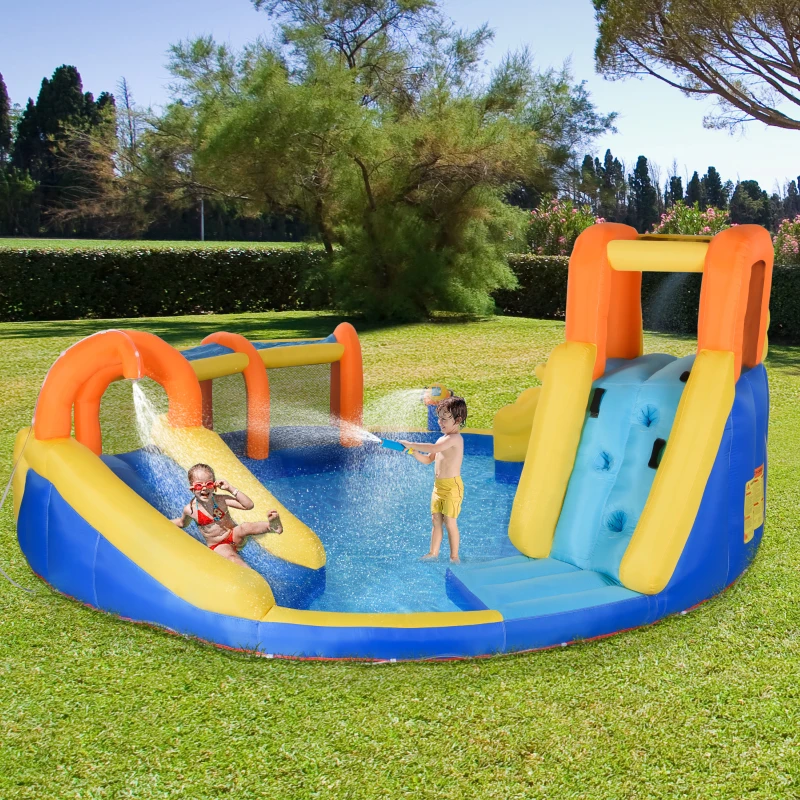 Outsunny 6-in-1 Inflatable Water Slide Kids Bounce House Jumping Castle Includes Slide Basket Pool Climbing Wall Tunnel