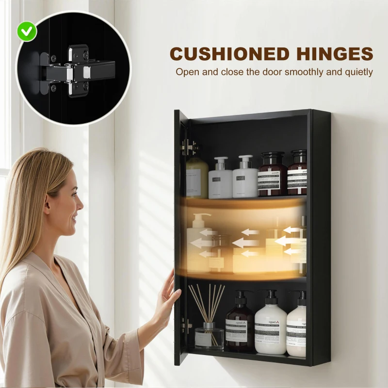 kleankin Wall Mounted Bathroom Medicine Cabinet with Hinged Door Storage Shelves for Living Room and Laundry Room Black