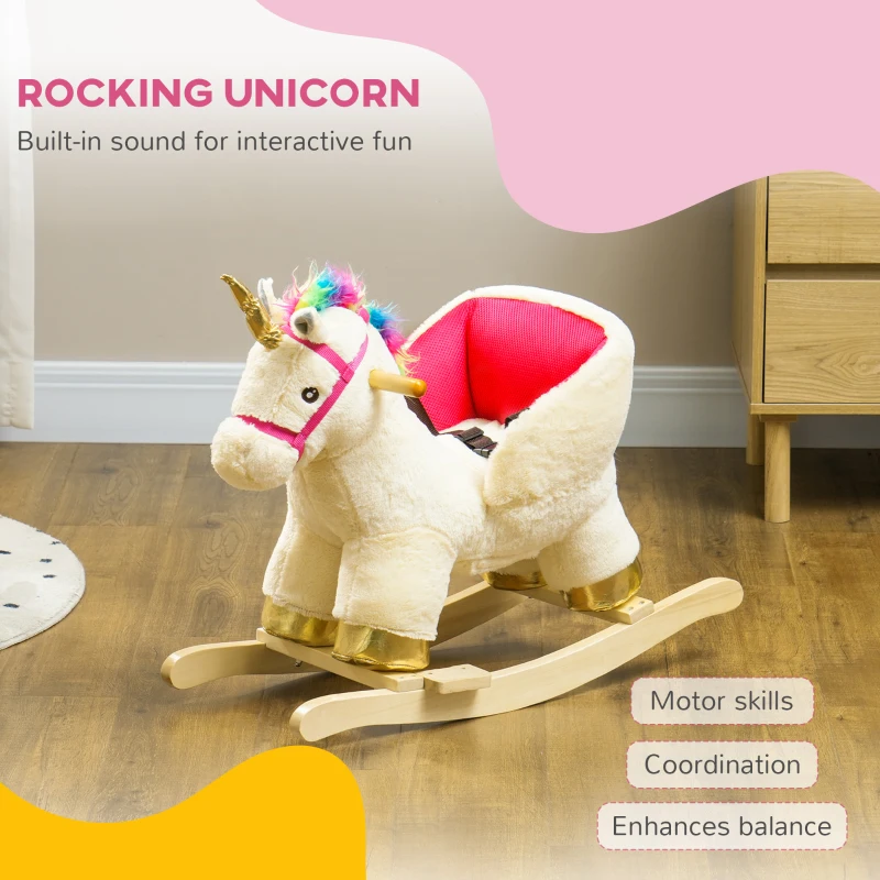 Qaba Kids Rocking Horse, Unicorn with Realistic Sound, Safety Belt & Wooden Base for 18-36 Months