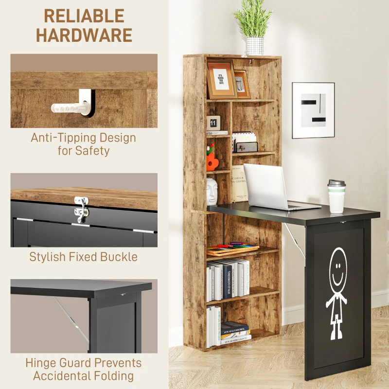 HOMCOM Fold-out Convertible Home Office Desk, Computer Desk with Blackboard and Side Shelf, Rustic Brown