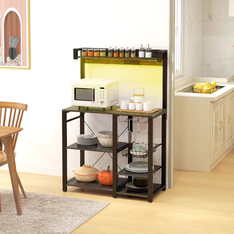 HOMCOM Industrial Kitchen Bakers Rack with Charging Station, RGB Lights, Glass Holders and Open Shelves, Gray