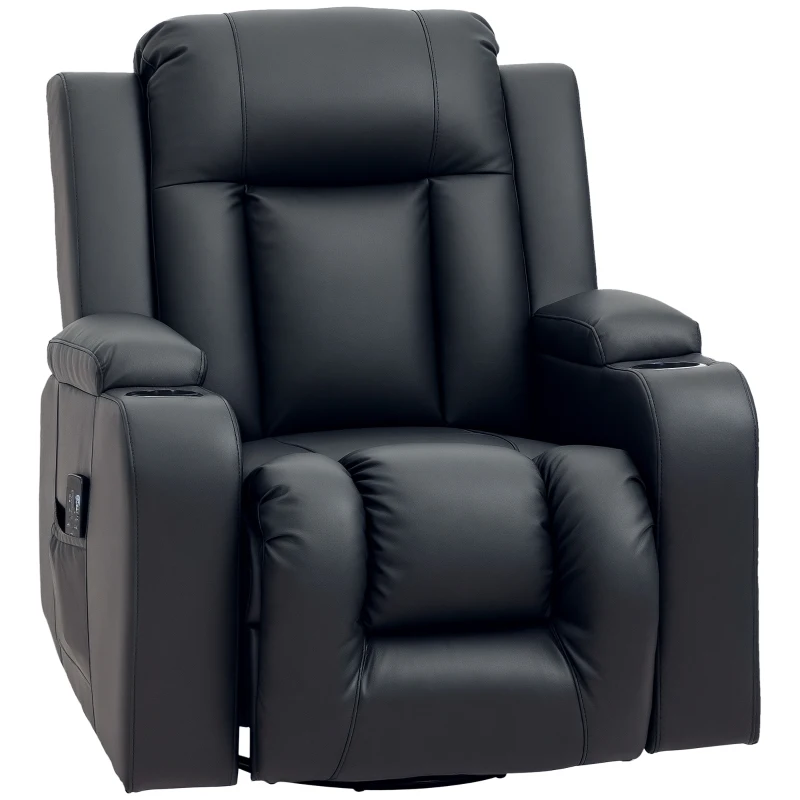 HOMCOM Swivel Massage Recliner Chair Rocker, Overstuffed Manual Reclining Sofa, PU Leather Rocking Chair with Side Pockets, Cup Holders, for Living Room, Nursery, Black