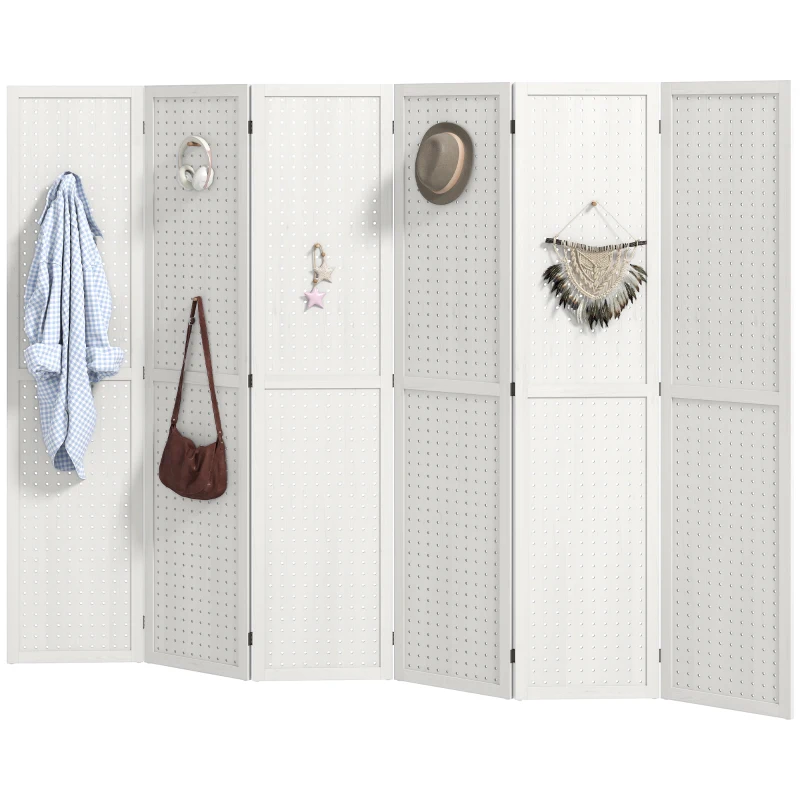 HOMCOM 5.6 Ft. Tall 6-Panel Room Divider, Pegboard Panel Folding Privacy Screen, Partition Wall Divider for Bedroom, White