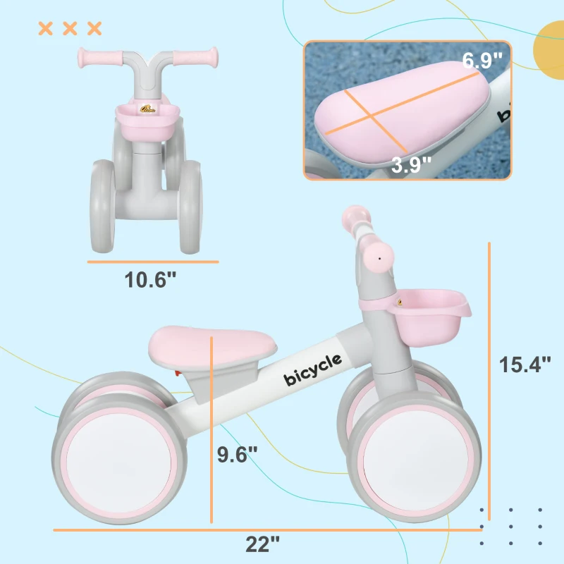Qaba Balance Bike for Toddlers 1-3 Years with Adjustable Seat, Silent Wheels, No Pedal Bike, Pink