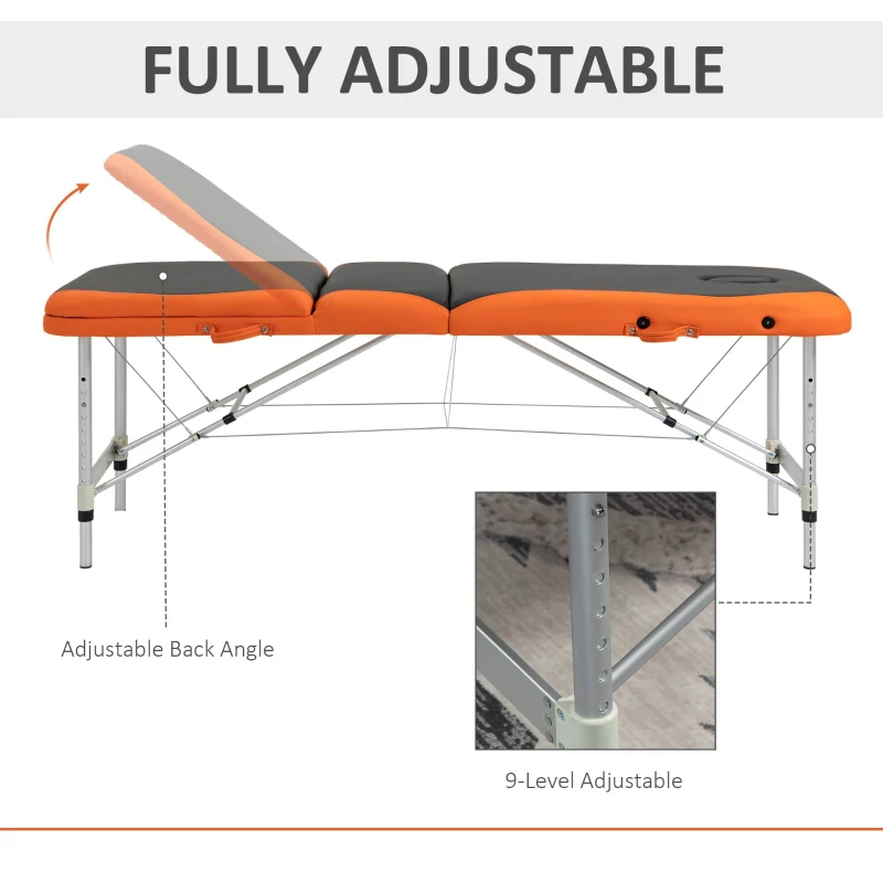 HOMCOM 85" 3 Section Foldable Massage Table Professional Salon SPA Facial Couch Bed (Black/Orange)