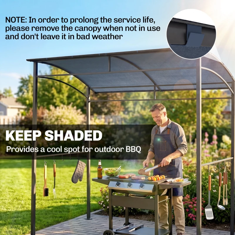 Outsunny 7' x 5' BBQ Grill Gazebo Tent, Garden Grill Canopy with Steel Frame and Hooks, Outdoor Sun Shade, Grey