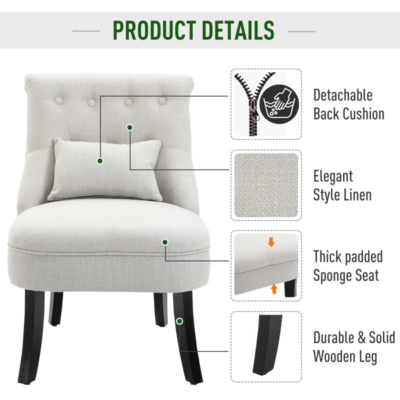 HOMCOM Small Button-Tufted Accent Chair Mid-Back Leisure Armchair with Upholstered Fabric, Solid Wood Legs, and Support Pillow, Beige