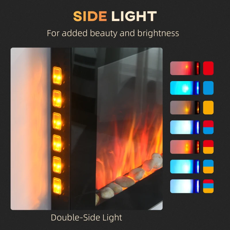 HOMCOM 36" Wall-Mounted Electric Fireplace, 750/1500W Fireplace Heater with Flame Effect, 7 Color Background Light and Side Light, Black