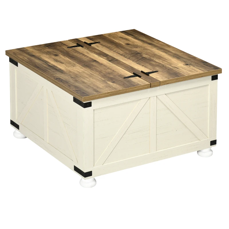 HOMCOM Farmhouse Coffee Table with Storage, Large Square Coffee Table for Living Room Furniture, Wooden Center Table