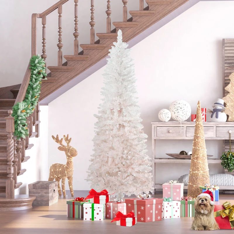 HOMCOM 6' Tall Unlit Pencil Fir Artificial Christmas Tree with Realistic Branches and Steel Base, Pink and White
