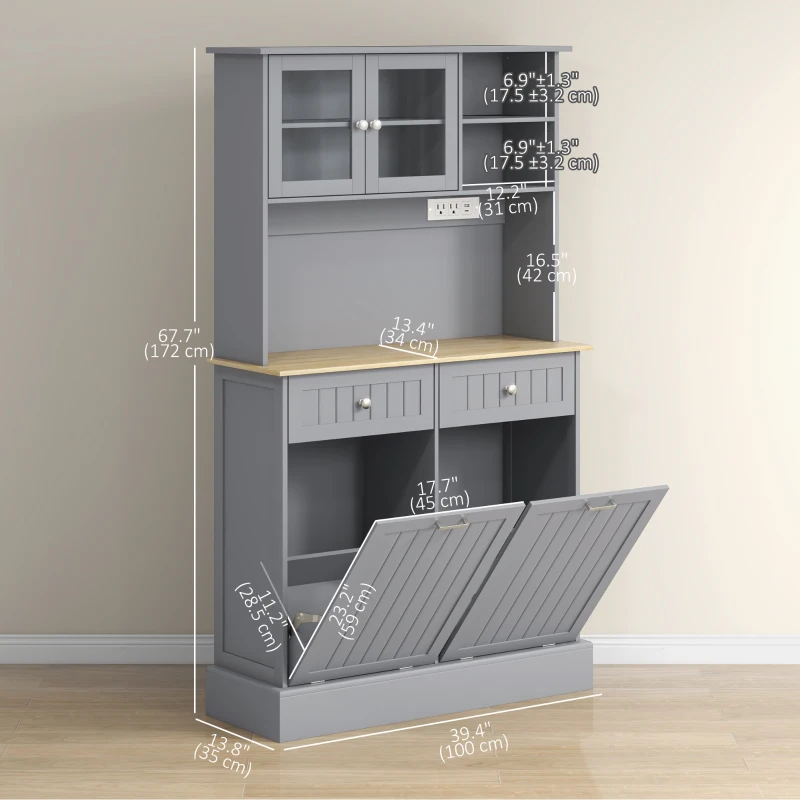 HOMCOM Kitchen Cabinet with Charging Station, 2 Tilt Out Cabinets, Microwave Stand, Freestanding Kitchen Pantry Cabinet, Grey
