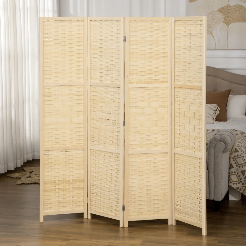 HOMCOM 4-Panel Room Divider, 5.6 FT Bamboo Freestanding Folding Privacy Screen for Indoor Bedroom Office, Natural Wood