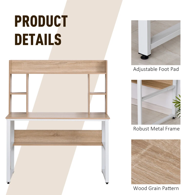 HOMCOM Office Computer Desk Writing Table Workstation with Storage Shelves,  Decorative Hutches, & Strong Build, Oak