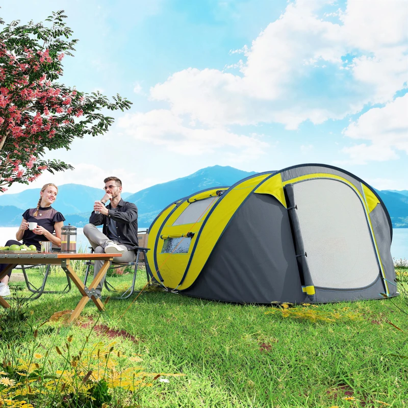 Outsunny 4 Person Camping Tent, Easy Pop Up Tent with Doors, Windows and Carry Bag, Automatic Setup Tent for Hiking, Yellow
