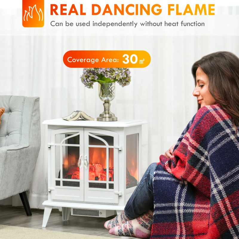 HOMCOM Electric Fireplace Heater, Freestanding Fireplace Stove with Realistic LED Log Flames and Overheating Safety Protection, 1400W, White