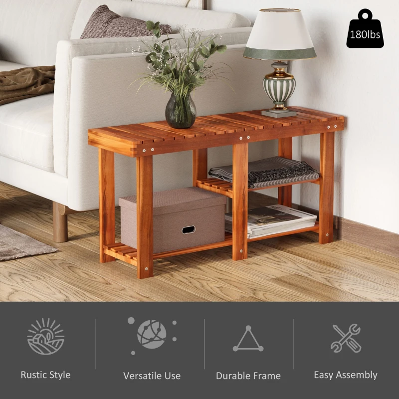 HOMCOM 3-Tier Shoe Rack Bench, Acacia Wood Shoe Organizer, Rustic Entryway Bench with Storage Shelves for Entryway, Teak