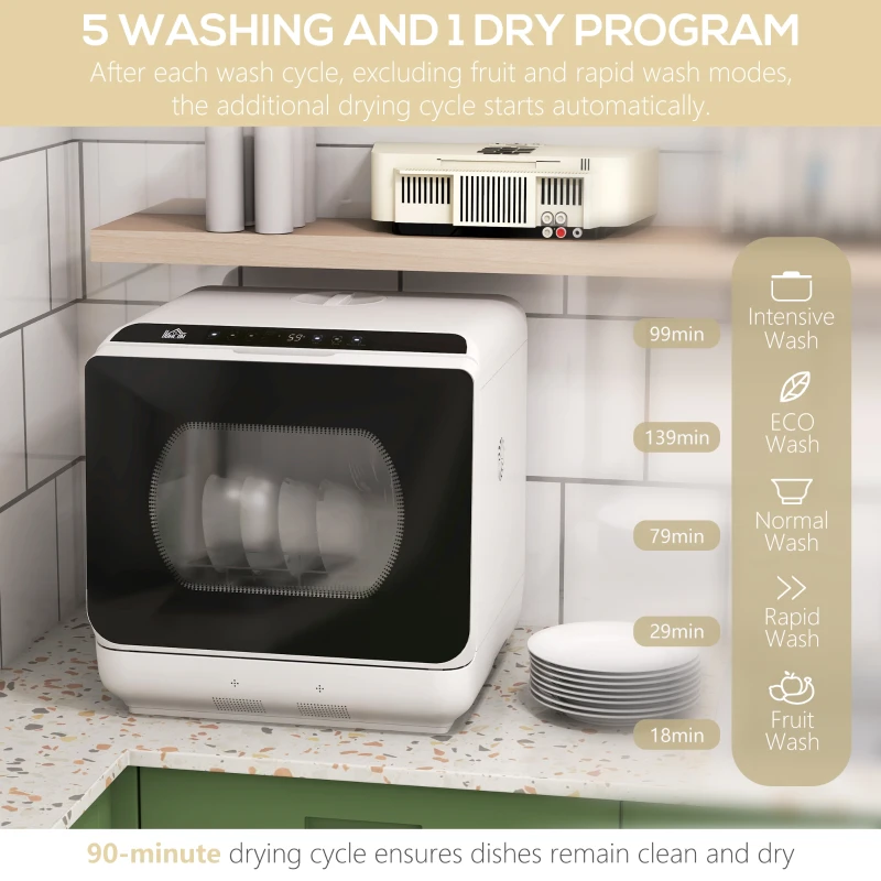 HOMCOM Portable Dishwasher, Counter Dishwasher with 4 Place Settings, 5 Washing Programs, Air-Dry Function, 6L Water Tank