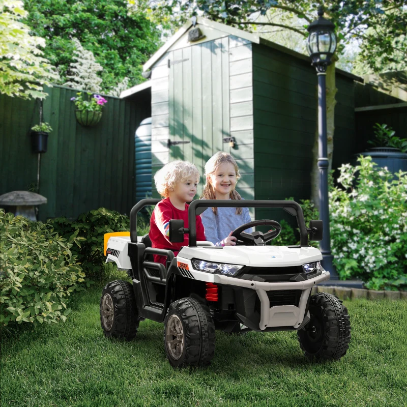 Aosom 12V Ride on Car with Electric Bucket, Two-Seater, Shovel, Remote Control, Spring Suspension, Horn, Music, White