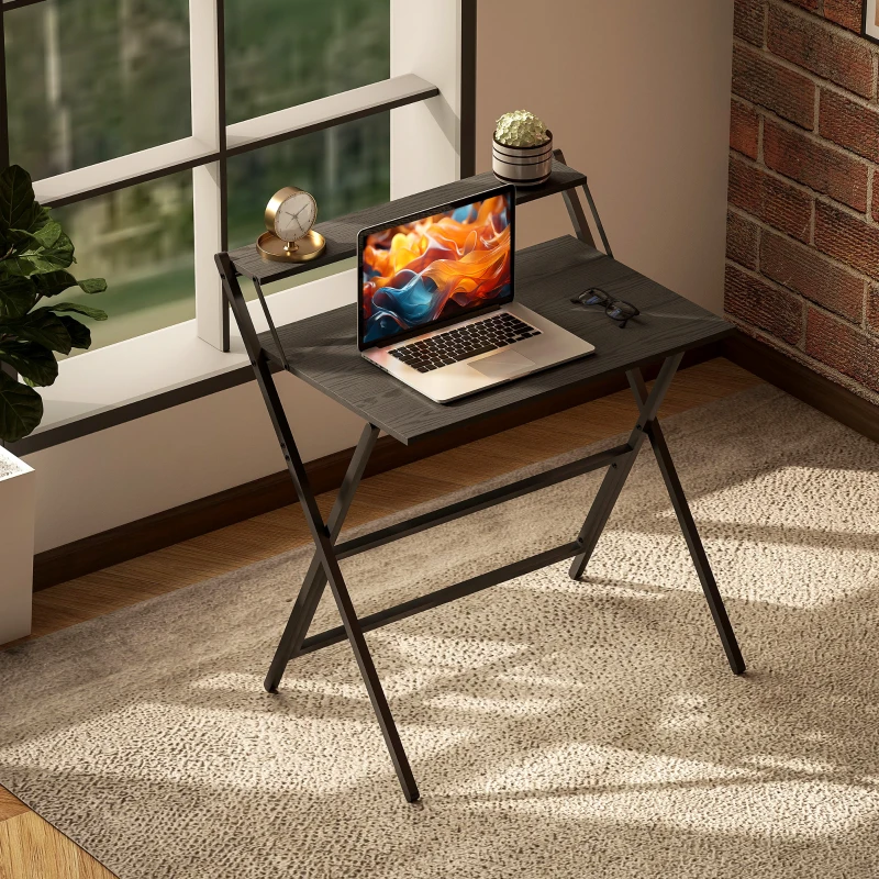 HOMCOM Folding Computer Desk, 32" Foldable Desk with Monitor Shelf for Small Space, Home Office, Study, Easy Assembly, Black