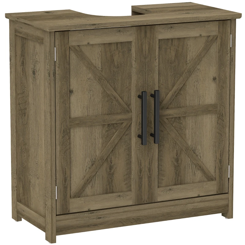 HOMCOM Farmhouse Pedestal Sink Storage Cabinet, Bathroom Sink Cabinet with 2 Barn Doors and Adjustable Shelf, Light Gray