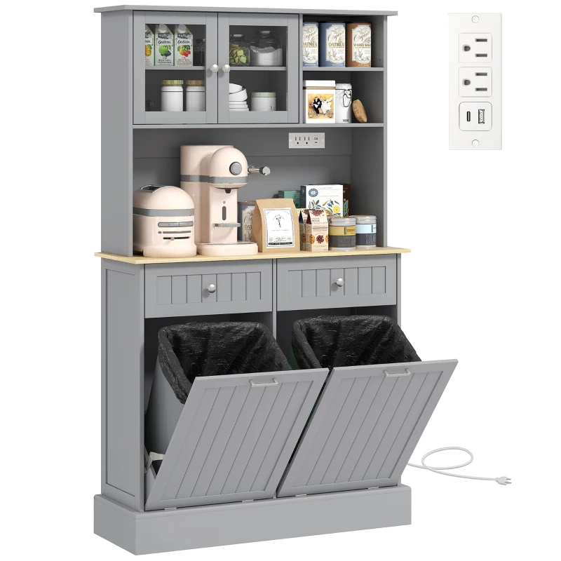 HOMCOM Kitchen Cabinet with Charging Station, 2 Tilt Out Cabinets, Microwave Stand, Freestanding Kitchen Pantry Cabinet, Grey