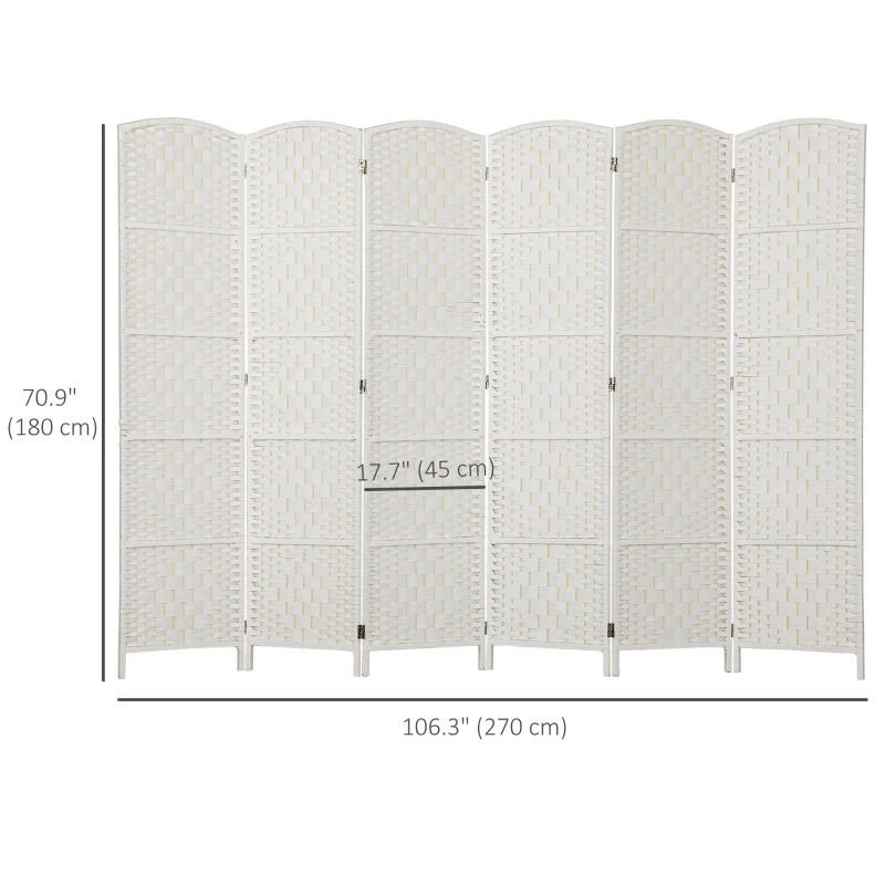 HOMCOM 6ft Folding Room Divider, 6 Panel Wall Partition with Wooden Frame for Bedroom, Home Office, White