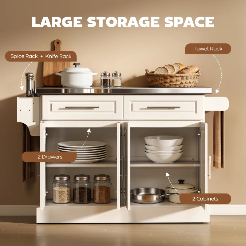 HOMCOM Rolling Kitchen Island with Stainless Steel Top, 2 Drawers, Spice, Knife and Towel Rack and Cabinets, Cream White