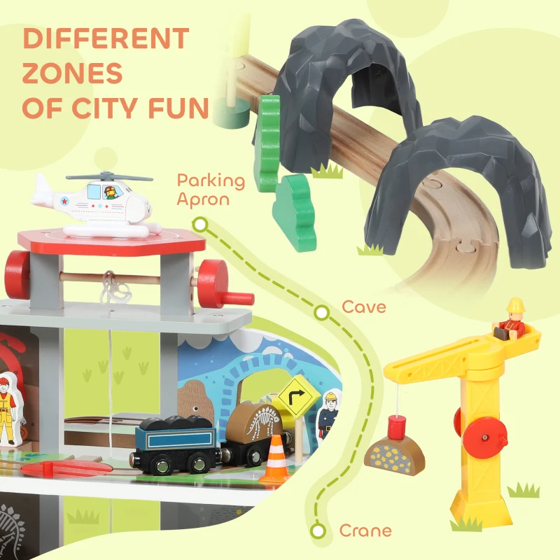 Qaba 79Pcs Wooden Train Set Mine Themed with Crane, Helicopter, Track & Accessories, for Boys & Girls 3+ Years Old
