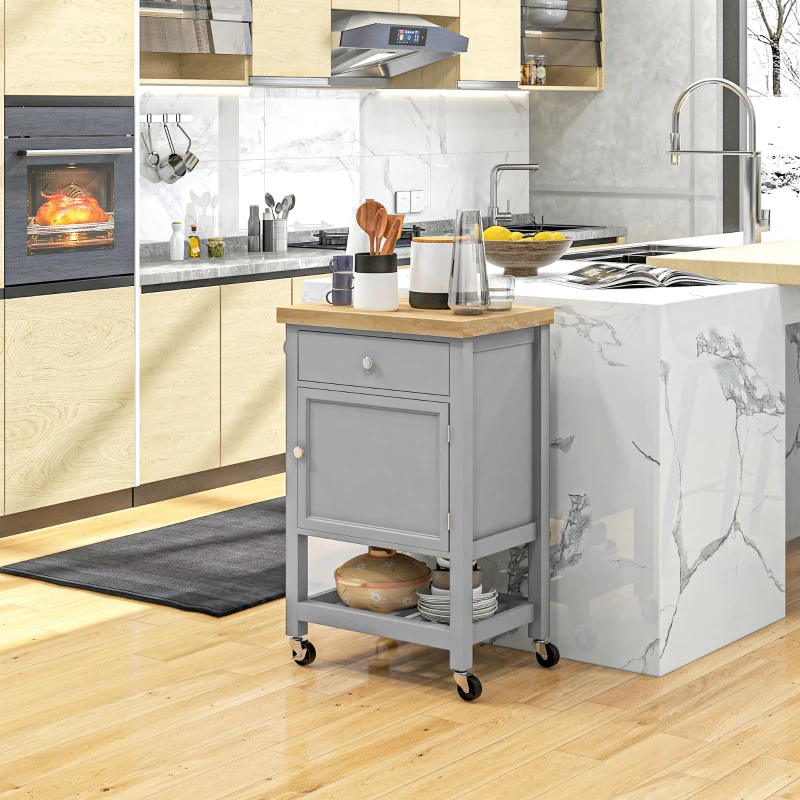 HOMCOM Kitchen Cart on Wheels, Rolling Kitchen Island Cart with Wood Top, Towel Rack, Drawer and Shelf for Dining Area, Grey