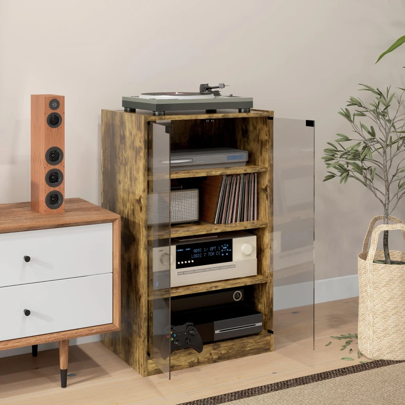 HOMCOM 5-Tier Media Cabinet, Media Stand with Adjustable Shelves, Tempered Glass Doors, and Cable Management, Rustic Brown
