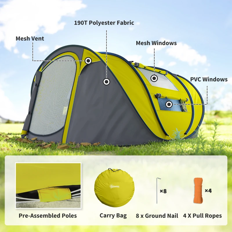 Outsunny 4 Person Camping Tent, Easy Pop Up Tent with Doors, Windows and Carry Bag, Automatic Setup Tent for Hiking, Yellow